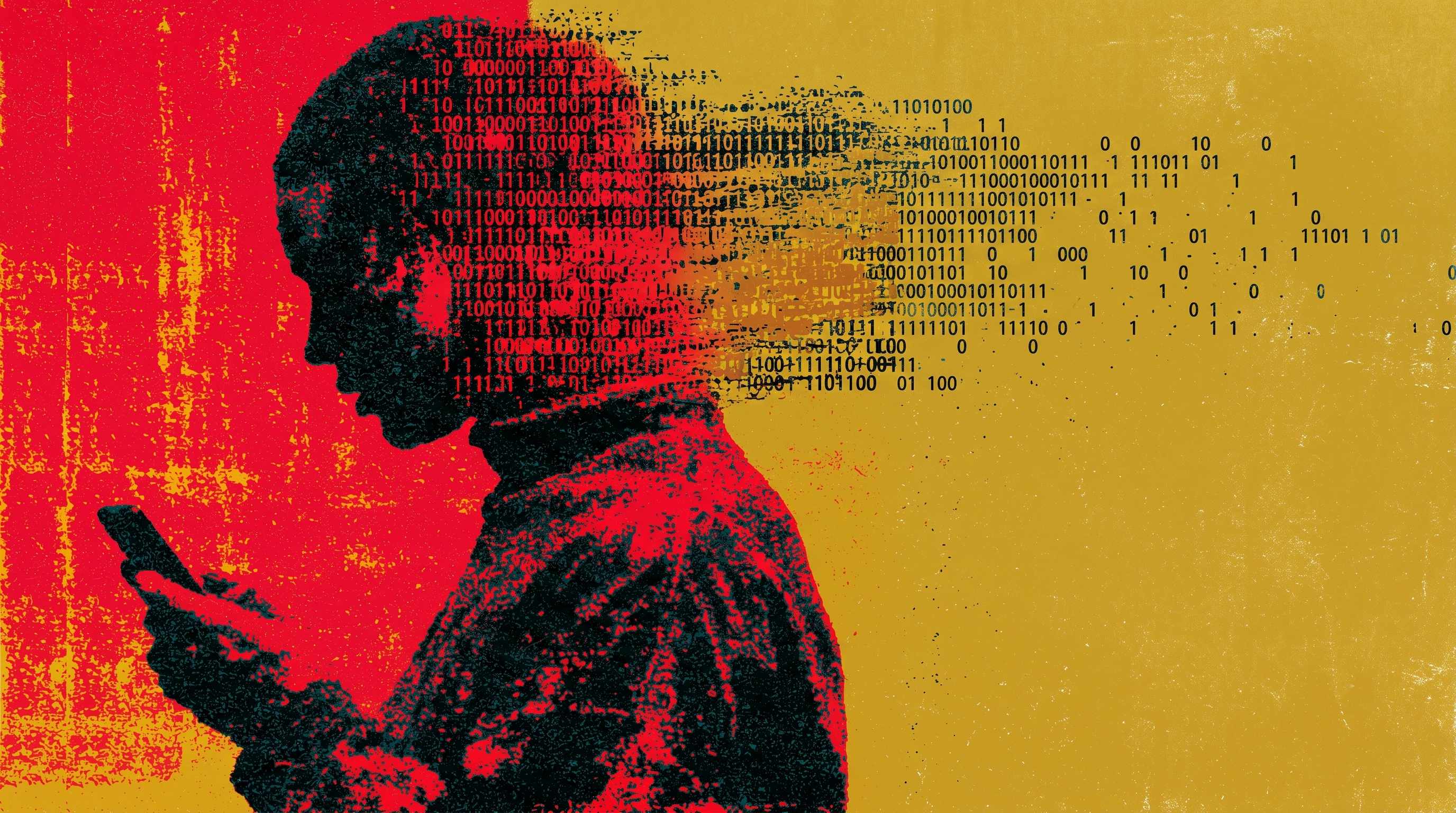 Illustrated profile of a person looking at their phone with data streaming from the screen.