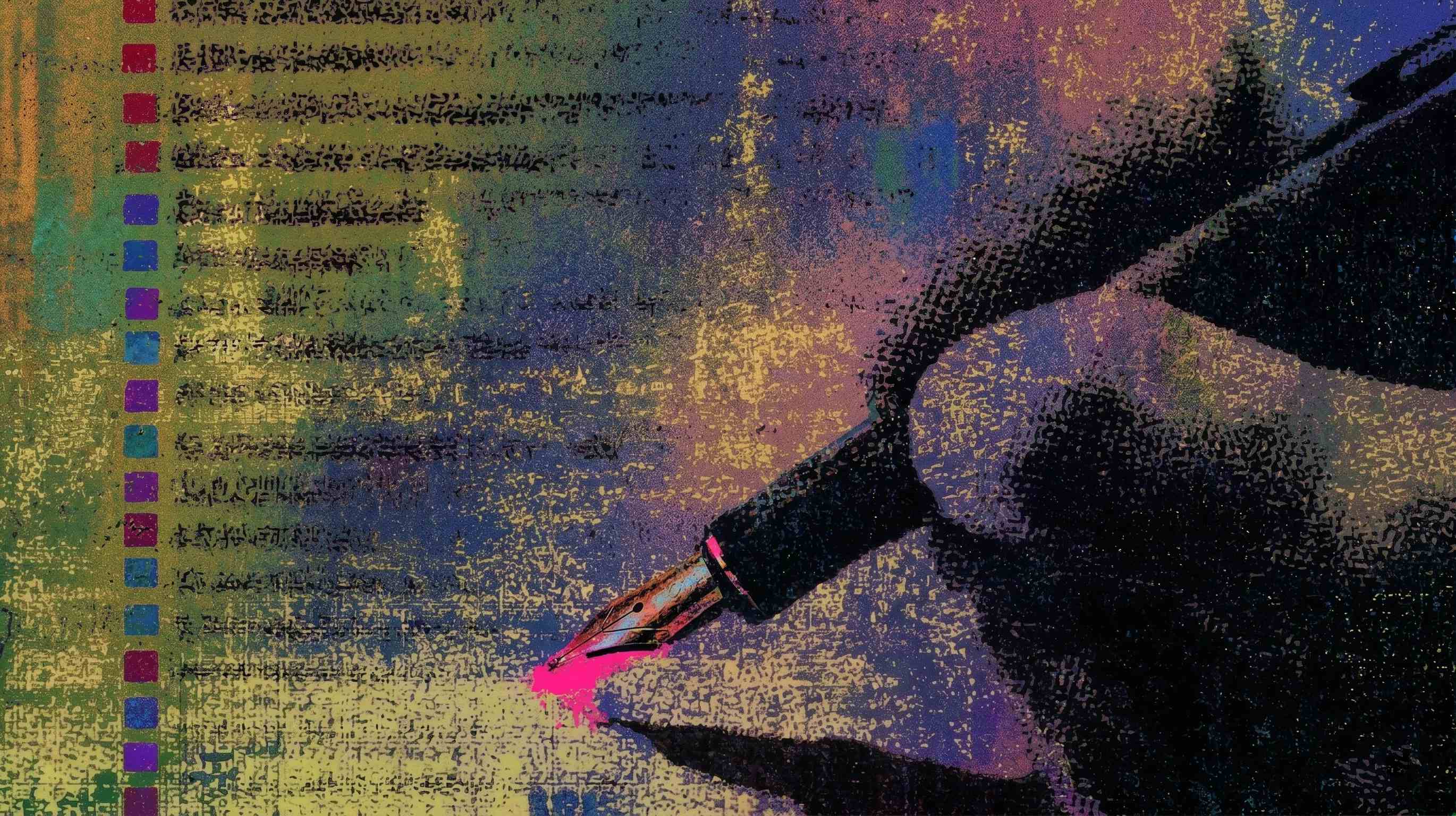 Halftone print of a hand working through a checklist with a fountain pen.