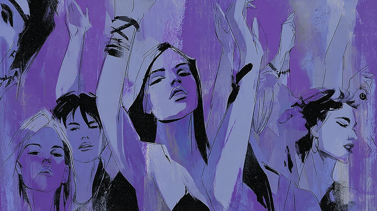 Illustrierte Menge auf einem Rave mit erhobenen Händen, in tiefem Violett.