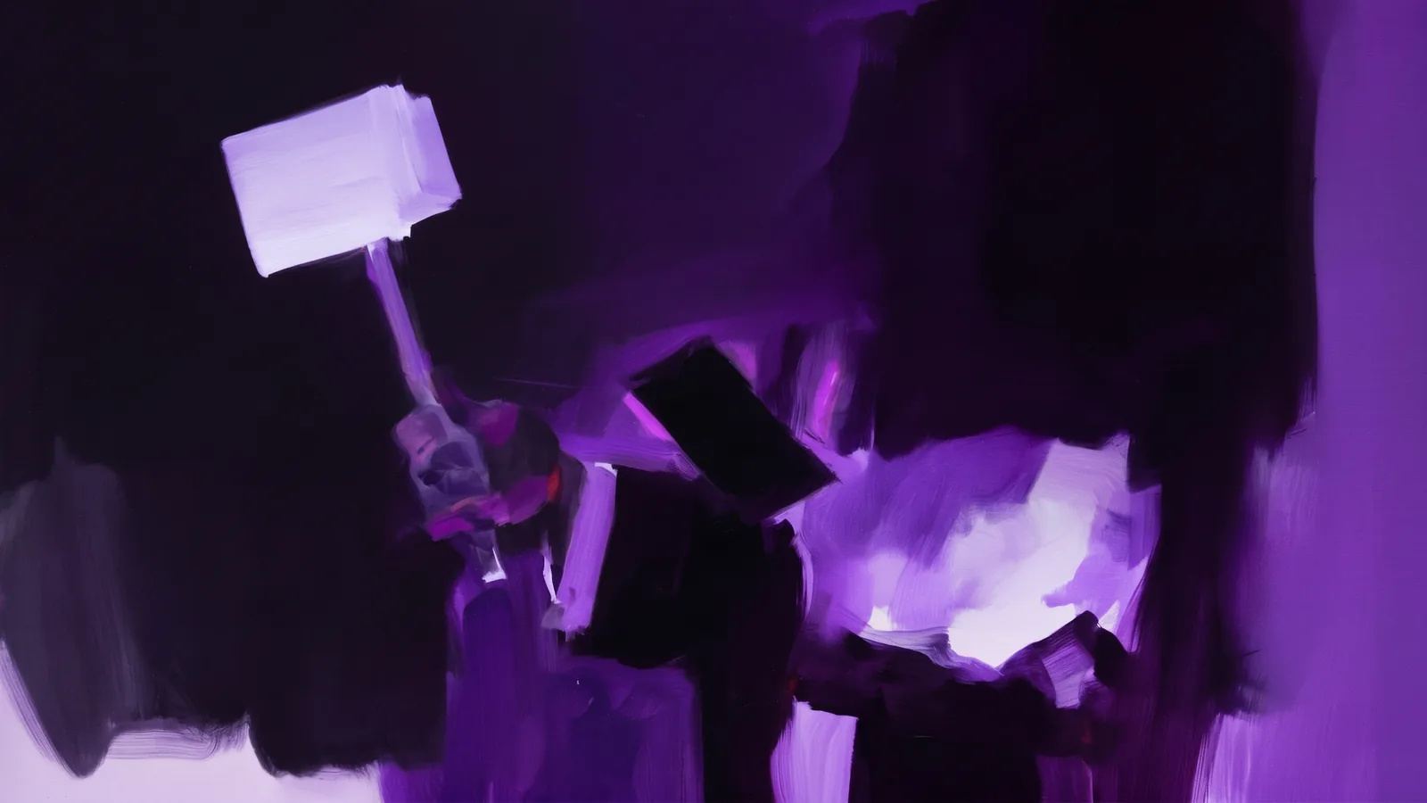 Painted figure raising a hammer in shades of purple
