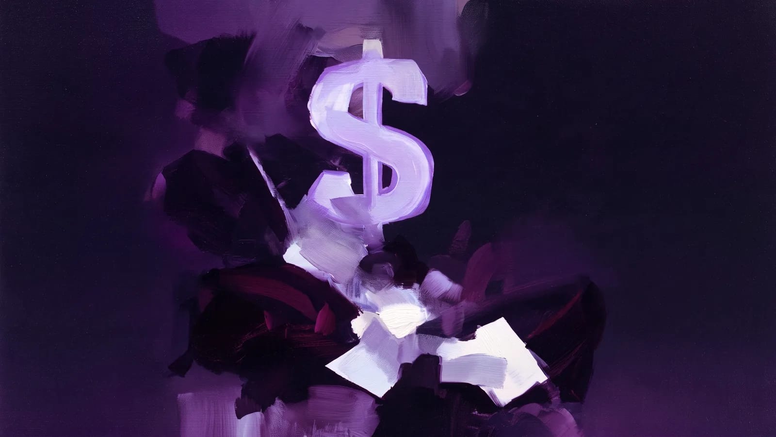 Signe dollar peint au-dessus de feuilles de papier, dans des tons de violet