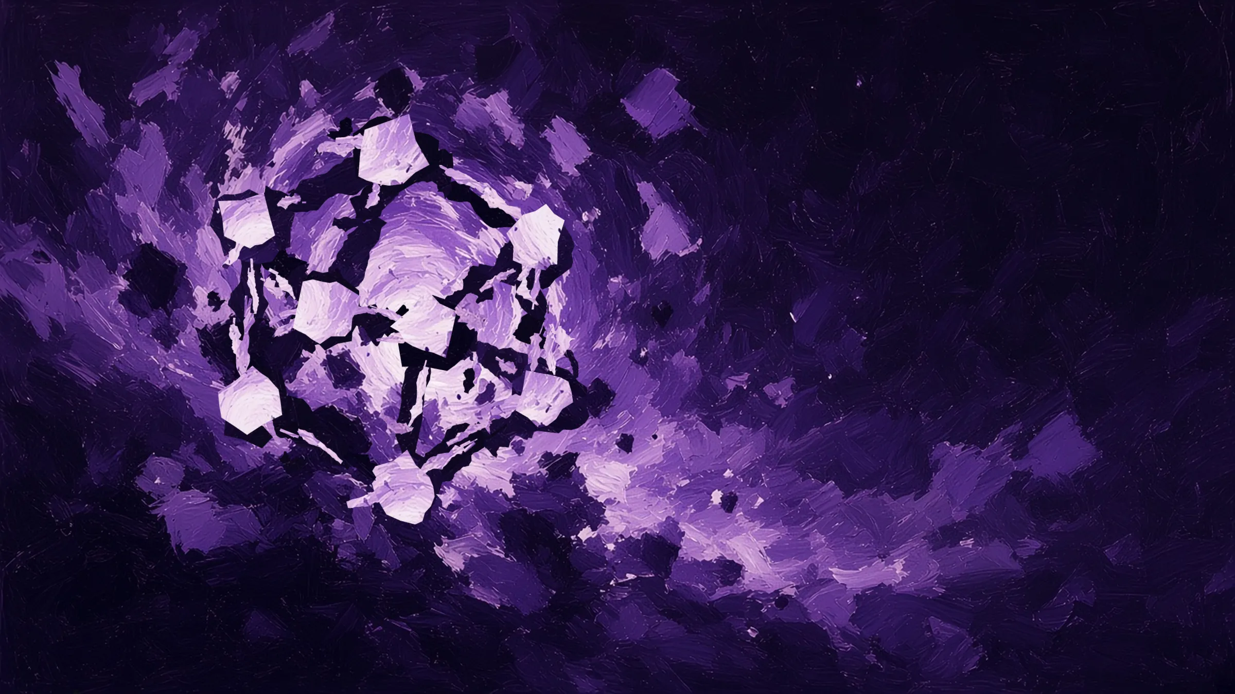 Abstract painting: the Datapods logo broken up into rough palette-knife strokes, a hexagon of eight light, angular dabs of colour joined by dark bars in front of a glowing swirl of violet tones