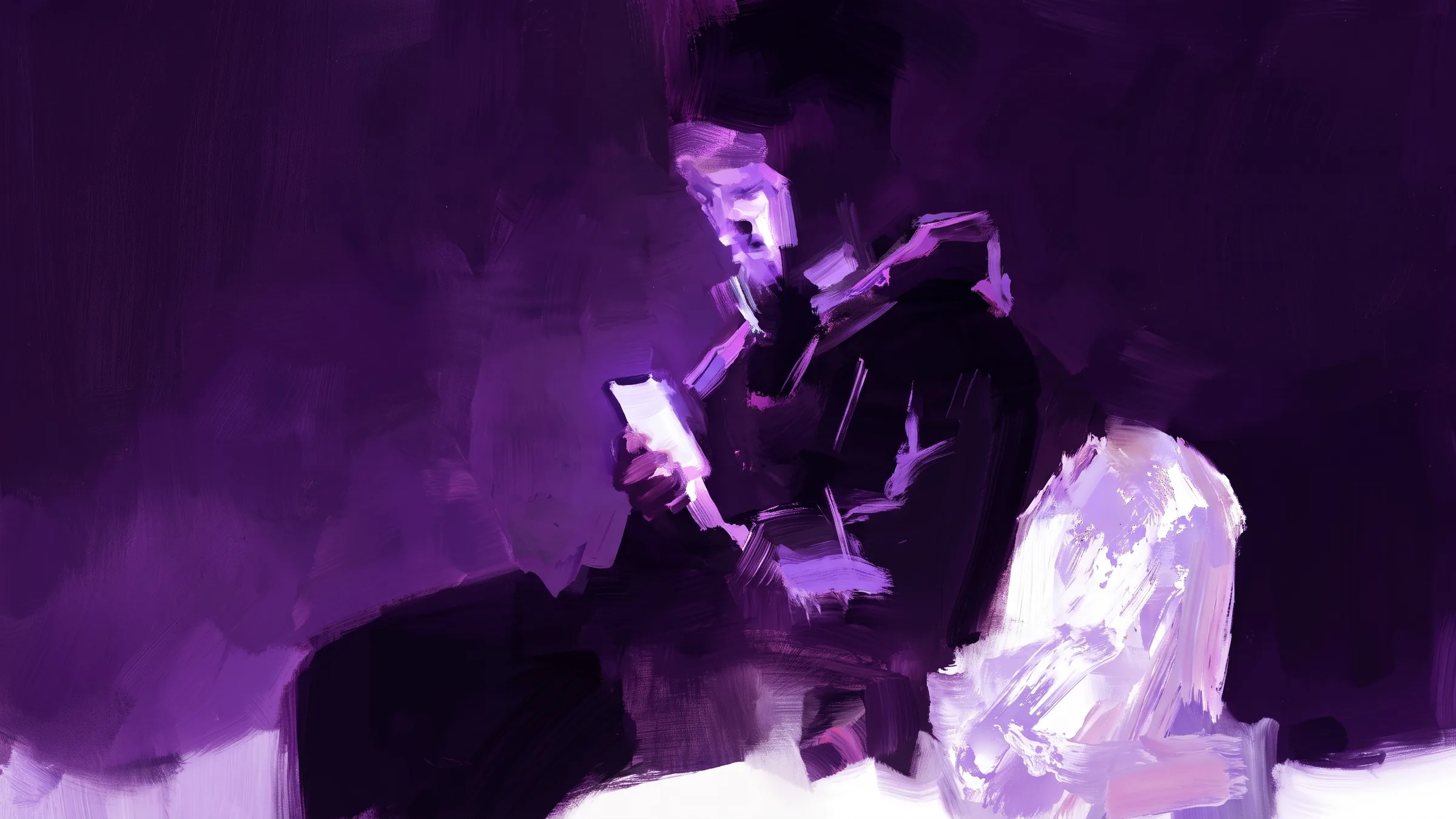 Personne peinte regardant son téléphone dans le noir, papier déchiqueté à côté