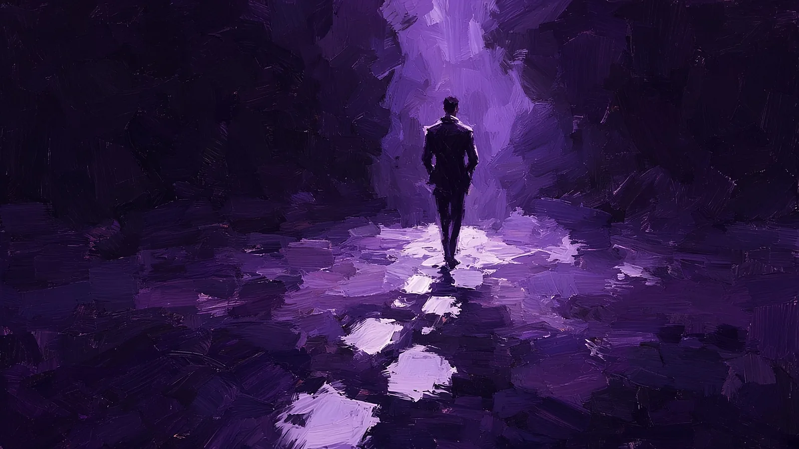 Gemalte Figur, die über helle Lichtflecken davongeht, in Violetttönen