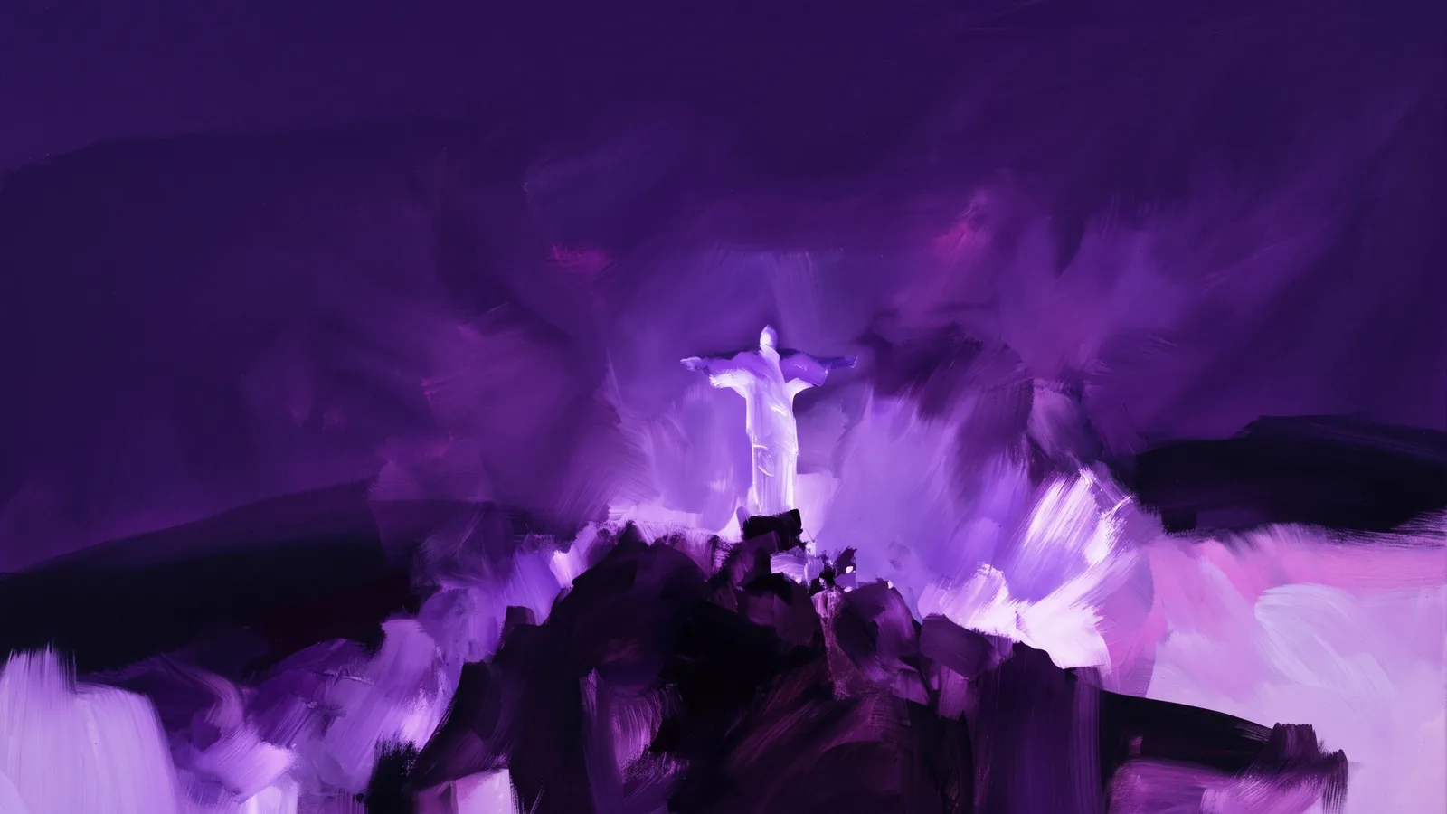 Painted Christ the Redeemer above mountains, in shades of purple