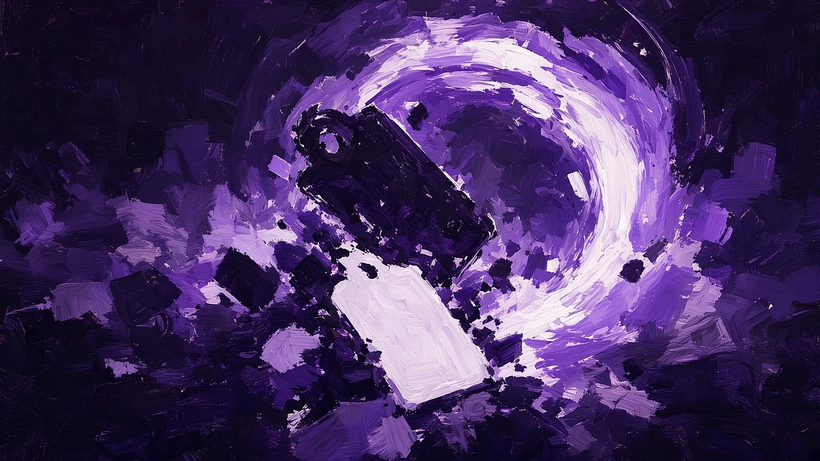 Painted purple reset swirl, where a dark old label crumbles and a clean light label comes out of the light