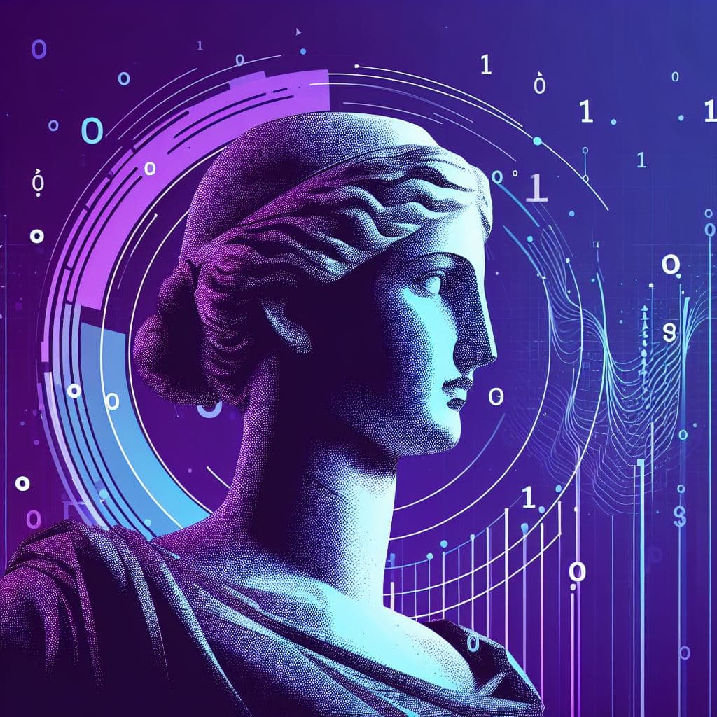 Romėniškos statulos galva su nuliais ir vienetais fone, vaizduojanti duomenis