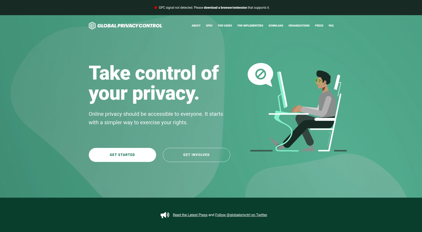 Startseite von Global Privacy Control mit der Überschrift „Take control of your privacy.“