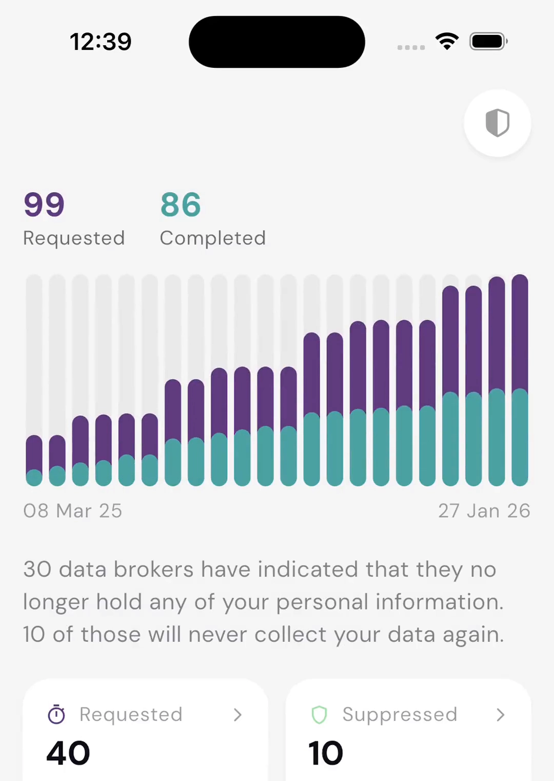 Datapods Shield in der App: Übersicht der Löschanfragen an Datenhändler mit Verlauf von angefragten und abgeschlossenen Anfragen